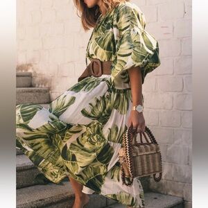 H&M Tropical Palm Leaf Print Dress Long Floral Prairie Midi/ Maxi Kaftan Size M